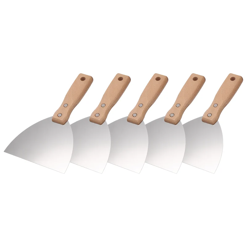 5Pcs 5" Putty Knife Wooden Handle Stainless Steel Taping Knife, Wood(125mm)