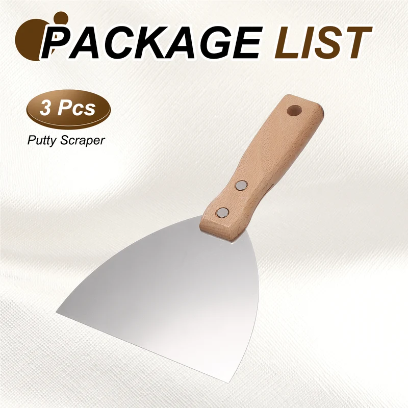 3Pcs 5" Putty Knife Wooden Handle Stainless Steel Taping Knife, Wood(125mm)