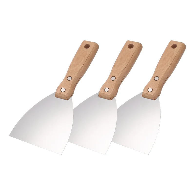 3Pcs 4" Putty Knife Wooden Handle Stainless Steel Taping Knife, Wood(100mm)