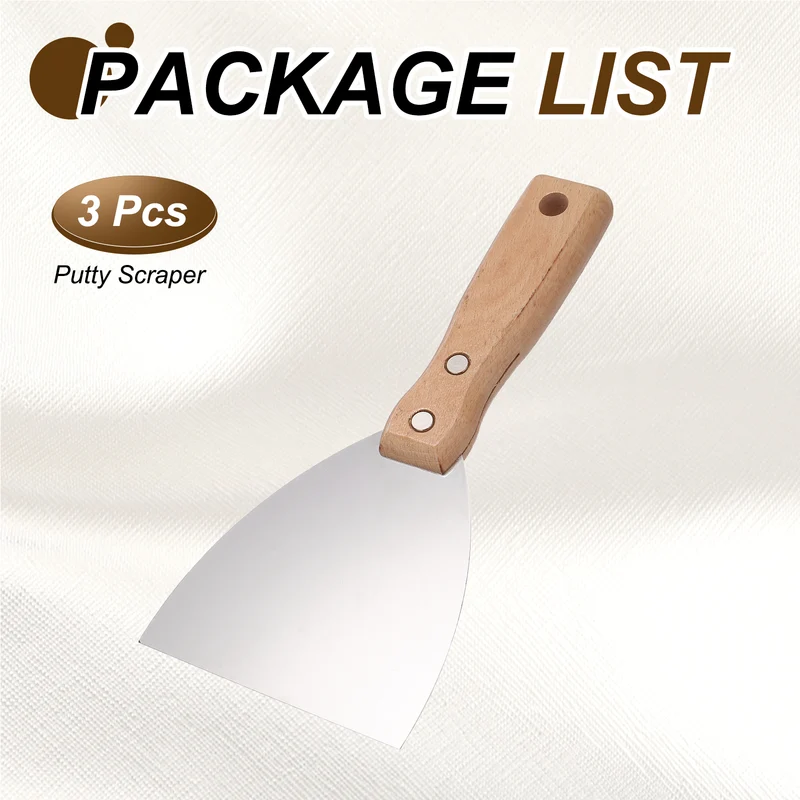 3Pcs 4" Putty Knife Wooden Handle Stainless Steel Taping Knife, Wood(100mm)