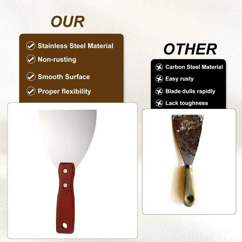 3Pcs 4" Putty Knife Wooden Handle Stainless Steel Taping Knife, Wood(100mm)
