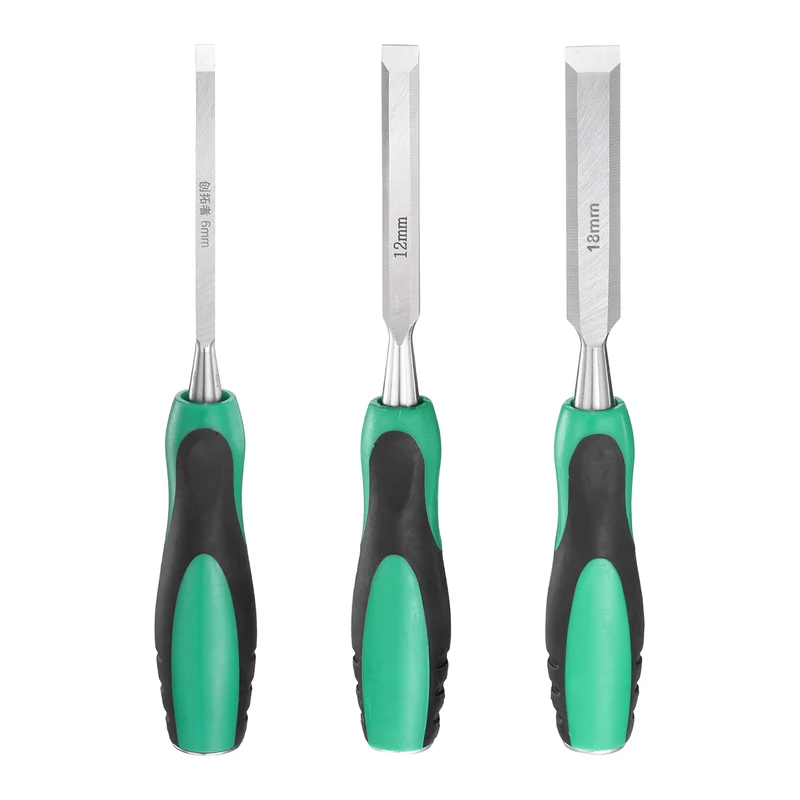 3pcs Steel Wood Chisel Set Beveled Edge Blade Flat Chisel with Handle Green