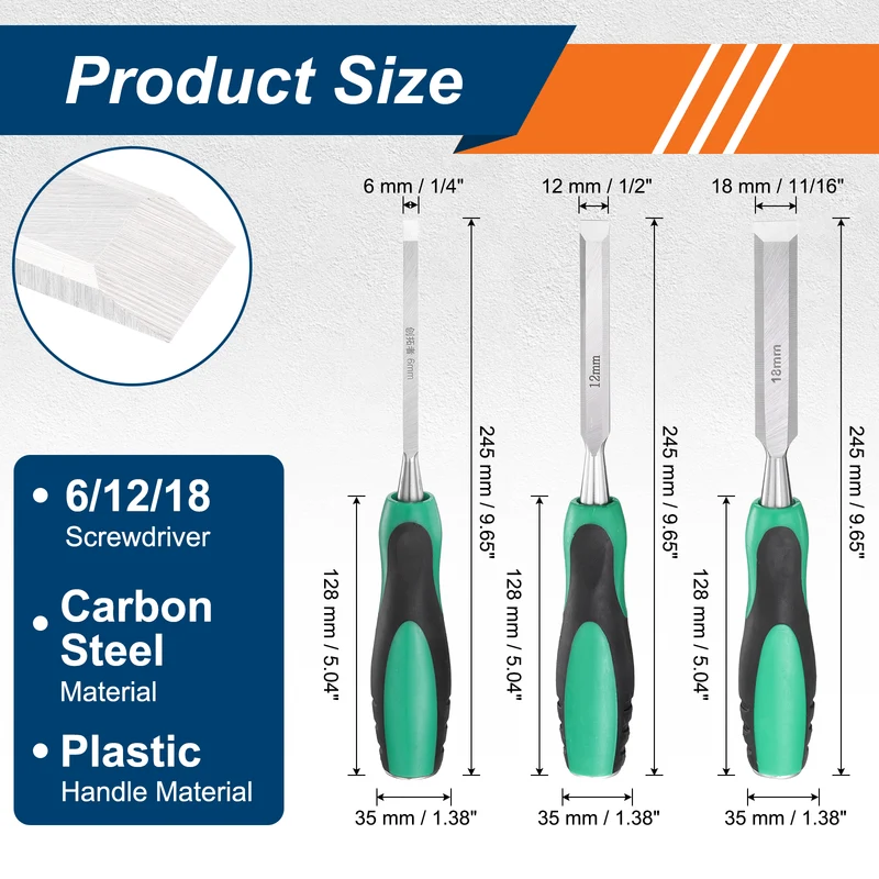 3pcs Steel Wood Chisel Set Beveled Edge Blade Flat Chisel with Handle Green