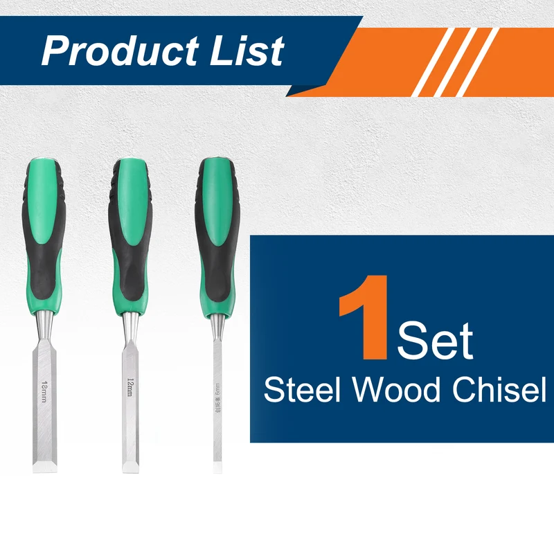 3pcs Steel Wood Chisel Set Beveled Edge Blade Flat Chisel with Handle Green