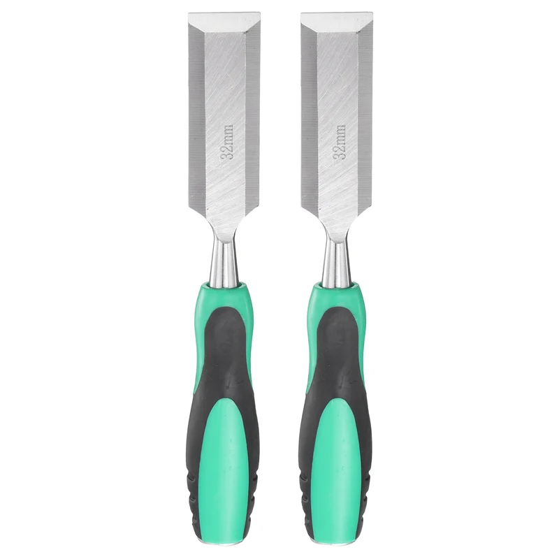 2pcs 1-1/4" Steel Wood Chisel Beveled Edge Blade Flat Chisel with Handle Green