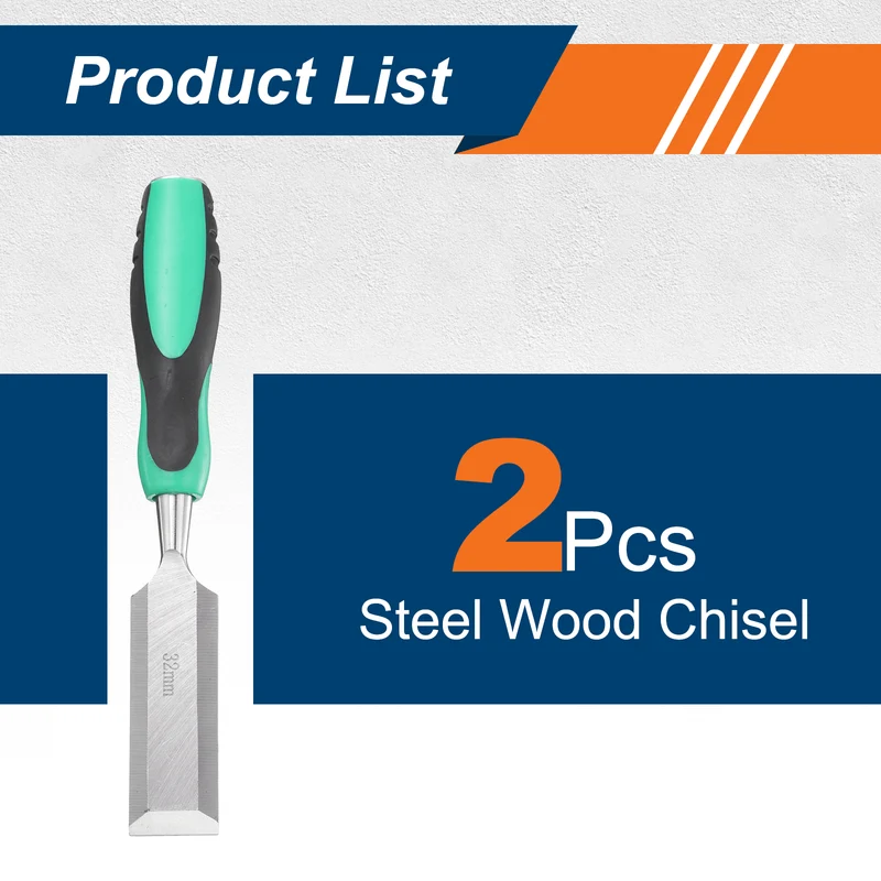 2pcs 1-1/4" Steel Wood Chisel Beveled Edge Blade Flat Chisel with Handle Green