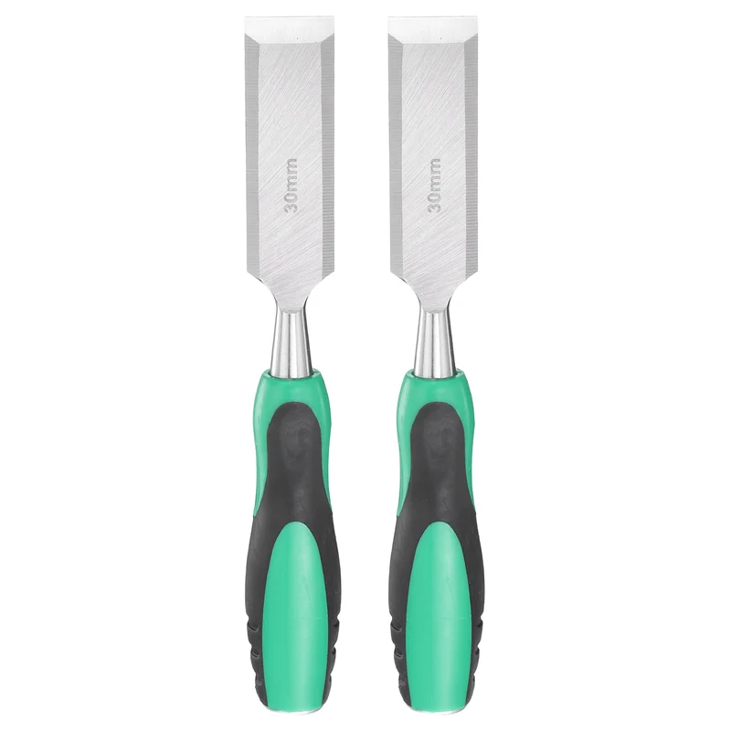 2pcs 1-3/16" Steel Wood Chisel Beveled Edge Blade Flat Chisel with Handle Green