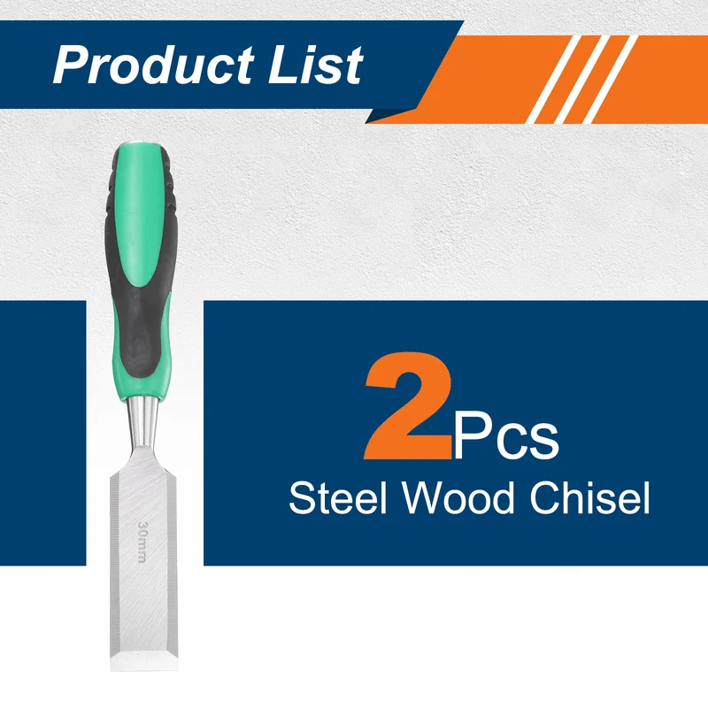 2pcs 1-3/16" Steel Wood Chisel Beveled Edge Blade Flat Chisel with Handle Green