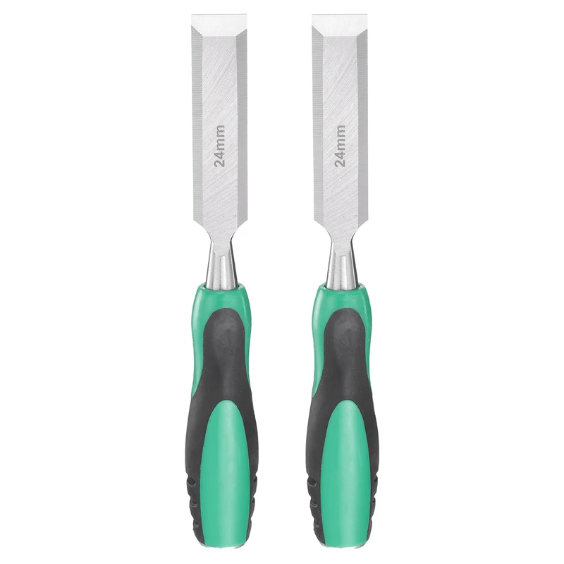 2pcs 15/16" Steel Wood Chisel Beveled Edge Blade Flat Chisel with Handle Green