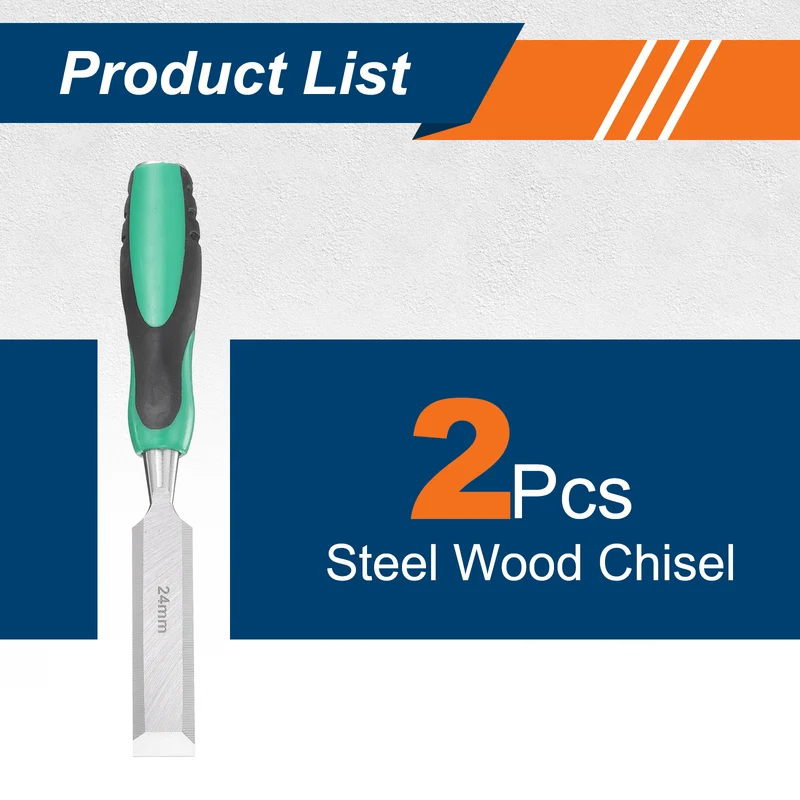 2pcs 15/16" Steel Wood Chisel Beveled Edge Blade Flat Chisel with Handle Green