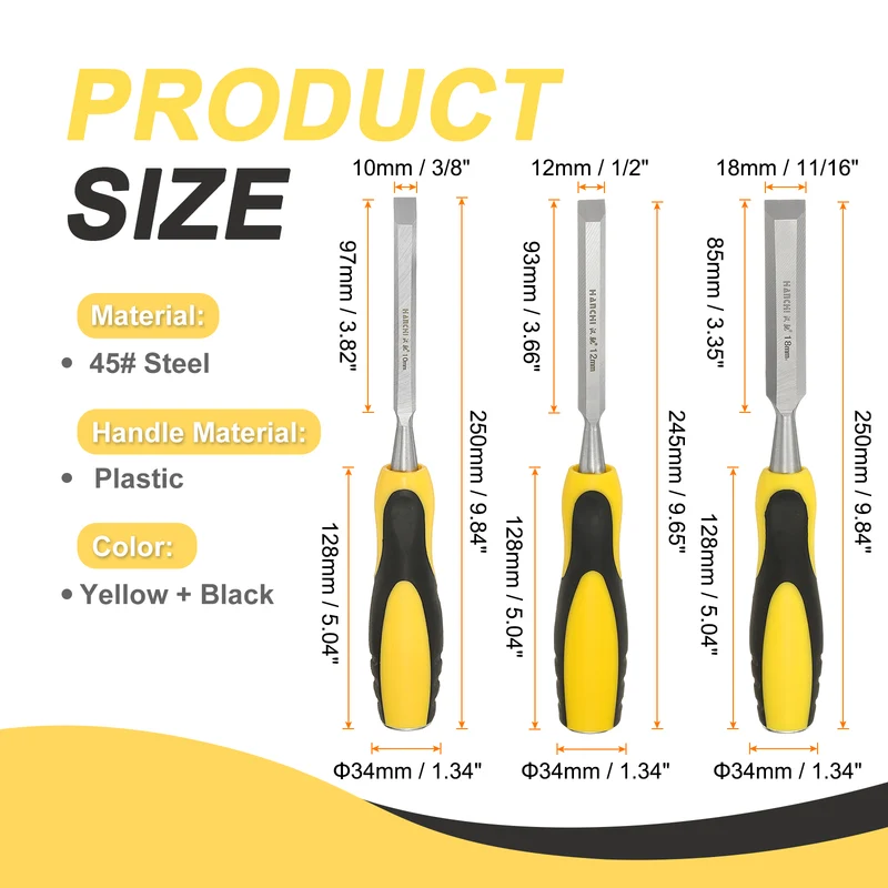 3pcs 3/8"/1/2"11/16" Steel Wood Chisel Blade Wood Working Flat Chisel Yellow