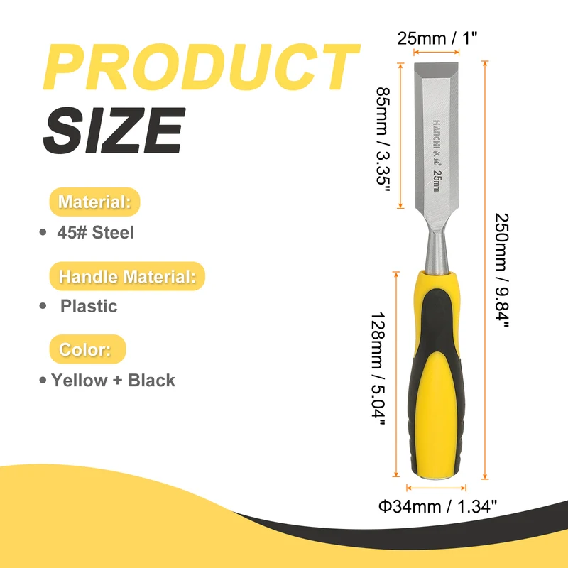 2pcs 1" Steel Wood Chisel Blade Wood Working Flat Chisel with Handle Yellow