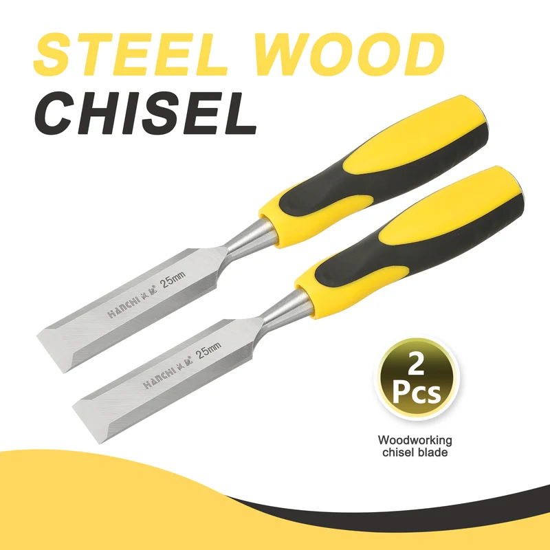 2pcs 1" Steel Wood Chisel Blade Wood Working Flat Chisel with Handle Yellow