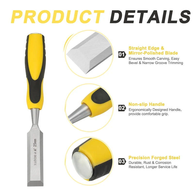 2pcs 1" Steel Wood Chisel Blade Wood Working Flat Chisel with Handle Yellow