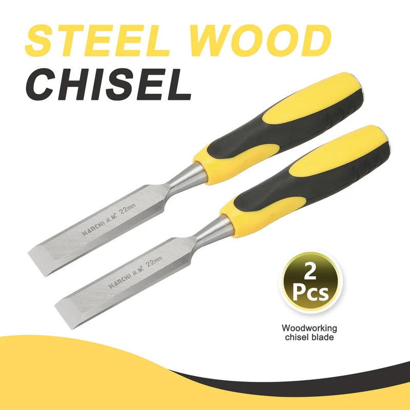 2pcs 7/8" Steel Wood Chisel Blade Wood Working Flat Chisel with Handle Yellow
