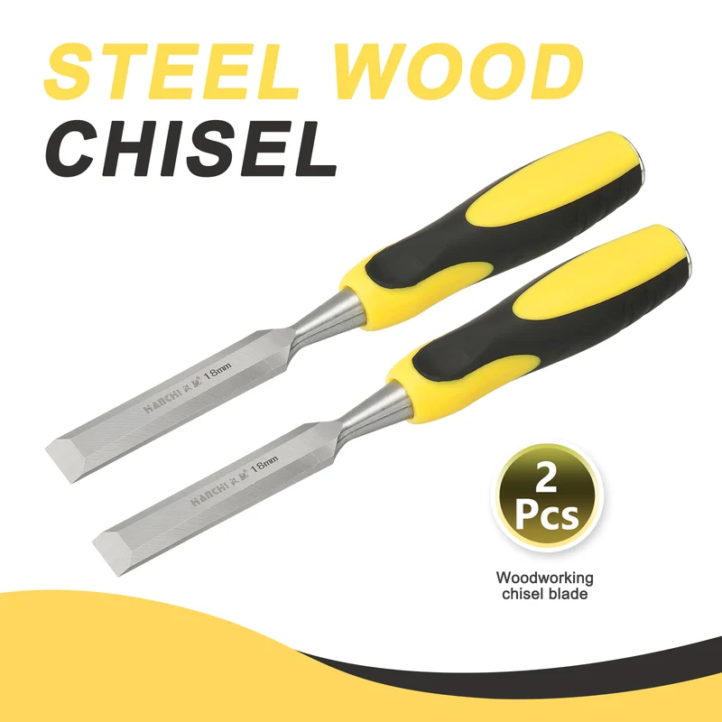 2pcs 11/16" Steel Wood Chisel Blade Wood Working Flat Chisel with Handle Yellow