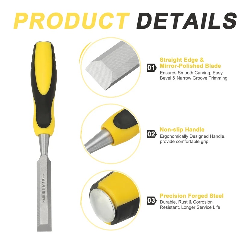 2pcs 11/16" Steel Wood Chisel Blade Wood Working Flat Chisel with Handle Yellow