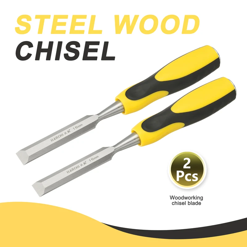 2pcs 5/8" Steel Wood Chisel Blade Wood Working Flat Chisel with Handle Yellow