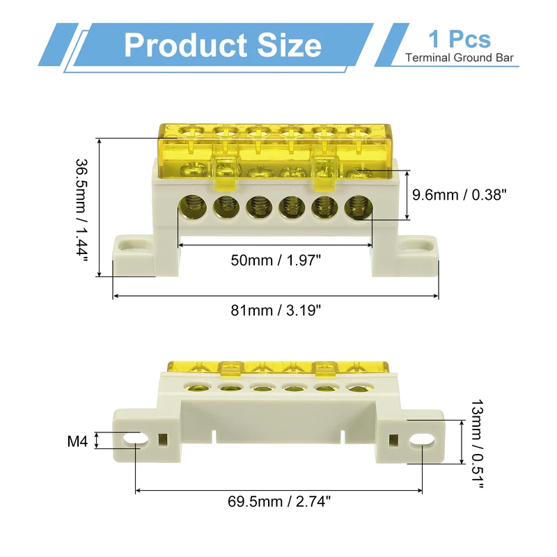 Terminal Ground Bar, 6 Positions 7x11mm Ground Block for Electrical, Yellow