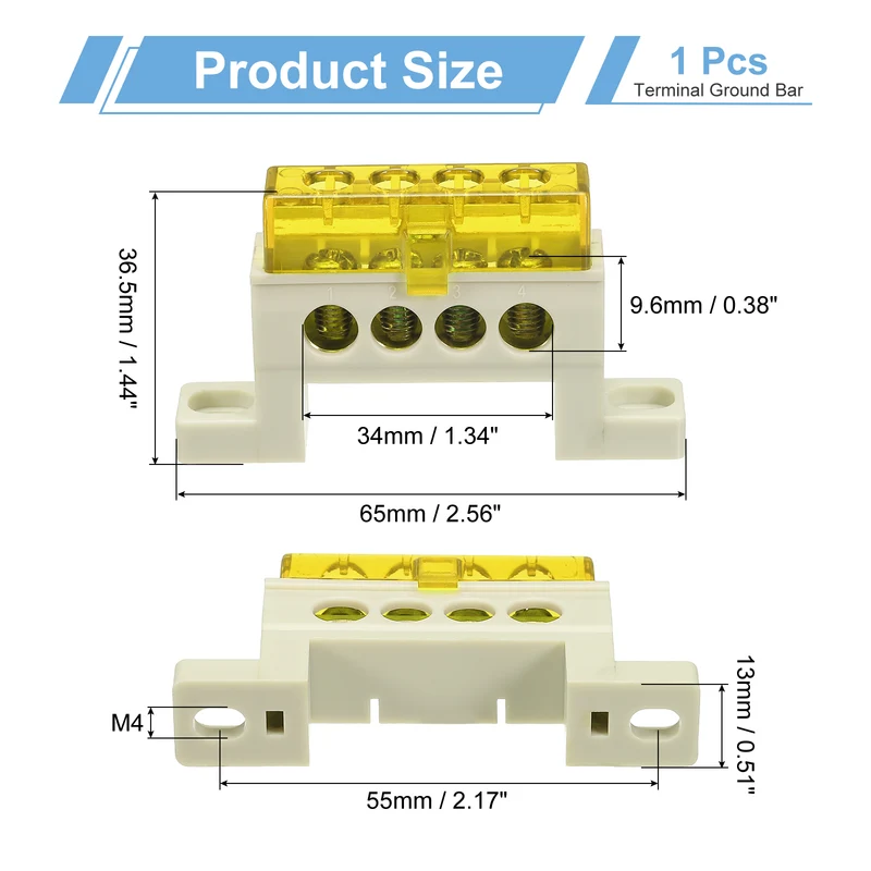 Terminal Ground Bar, 4 Positions 7x11mm Ground Block for Electrical, Yellow