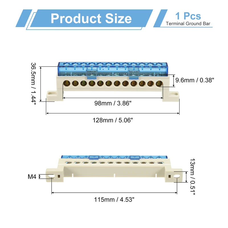 Terminal Ground Bar, 12 Positions 7x11mm Ground Block for Electrical, Blue