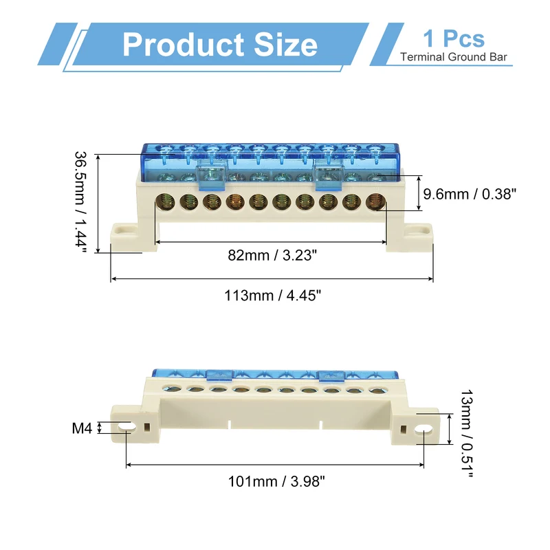 Terminal Ground Bar, 10 Positions 7x11mm Ground Block for Electrical, Blue