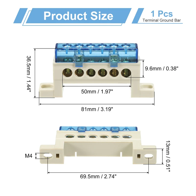 Terminal Ground Bar, 6 Positions 7x11mm Ground Block for Electrical, Blue
