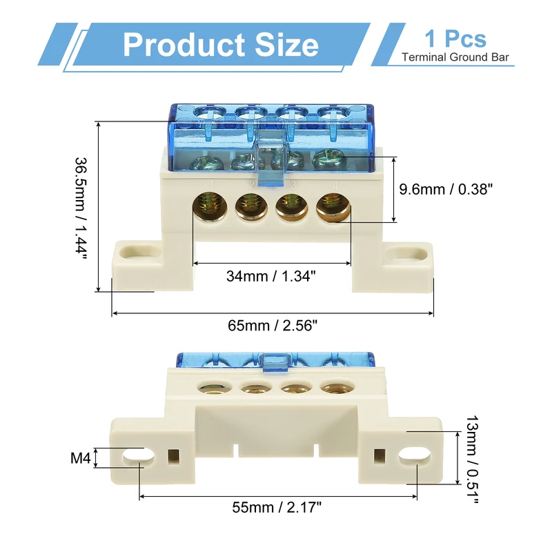 Terminal Ground Bar, 4 Positions 7x11mm Ground Block for Electrical, Blue