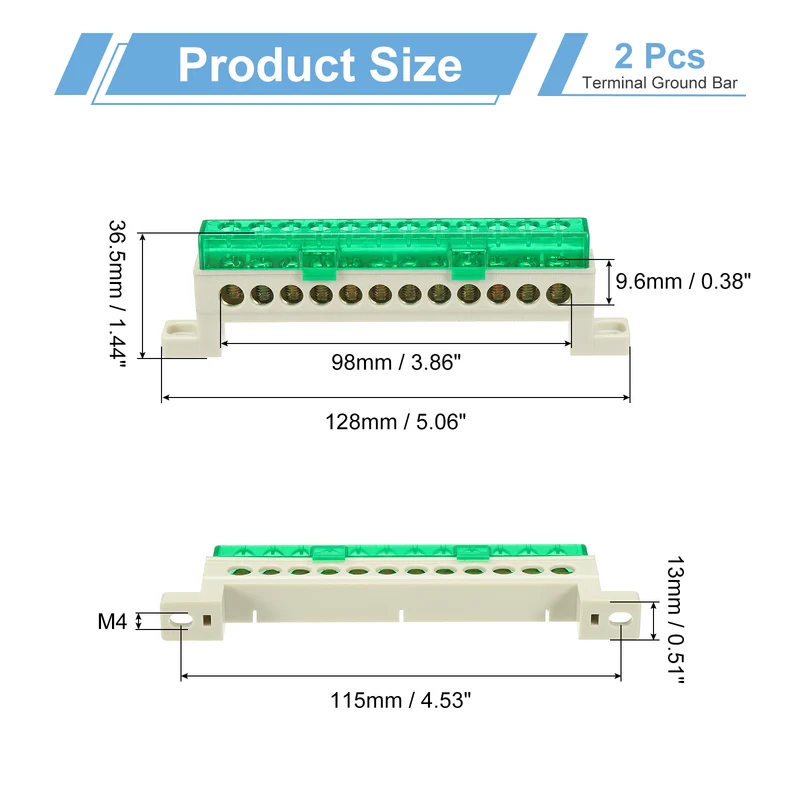2Pcs Terminal Ground Bar, 12 Positions 7x11mm Ground Block for Electrical, Green
