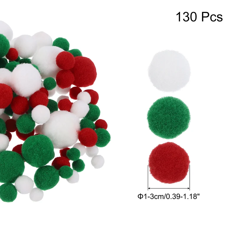 Pom Felt Ball Fabric 1-3cm 10-30mm Red Green White for Craft Project DIY 130 Pcs
