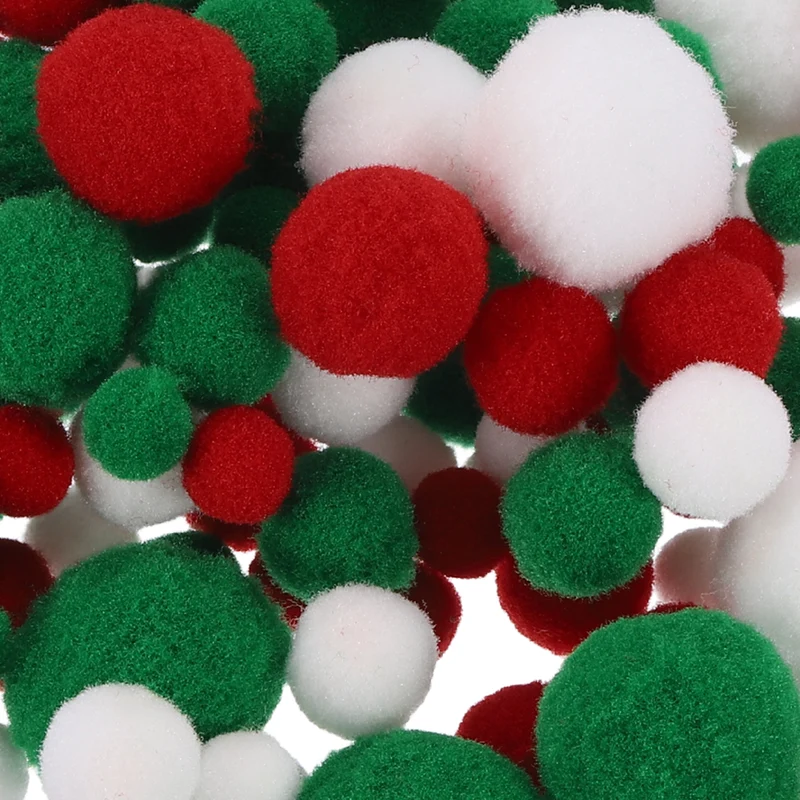 Pom Felt Ball Fabric 1-3cm 10-30mm Red Green White for Craft Project DIY 130 Pcs