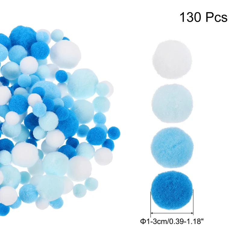 Pom Felt Balls Fabric 1-3cm 10-30mm Sky Blue White for Craft Project DIY 130 Pcs