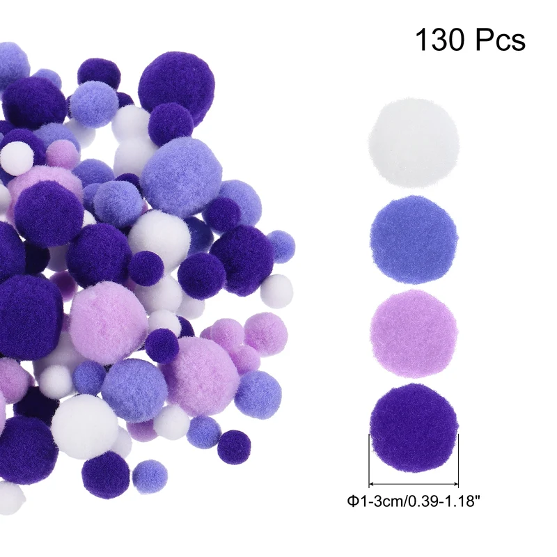 Pom Felt Balls Fabric 1-3cm 10-30mm Purple White for Craft Project DIY 130 Pcs