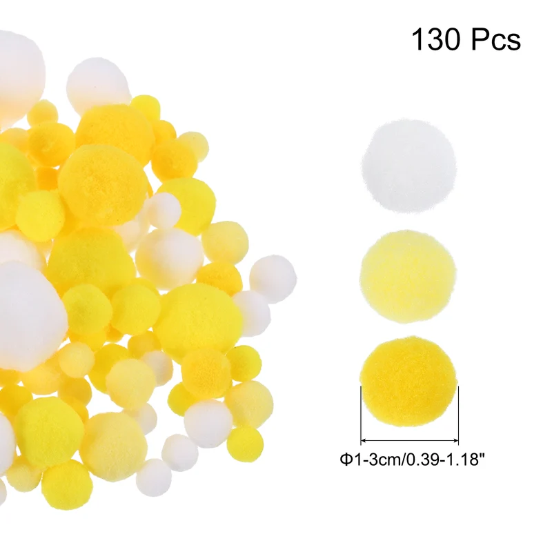 Pom Felt Balls Fabric 1-3cm 10-30mm Yellow White for Craft Project DIY 130 Pcs