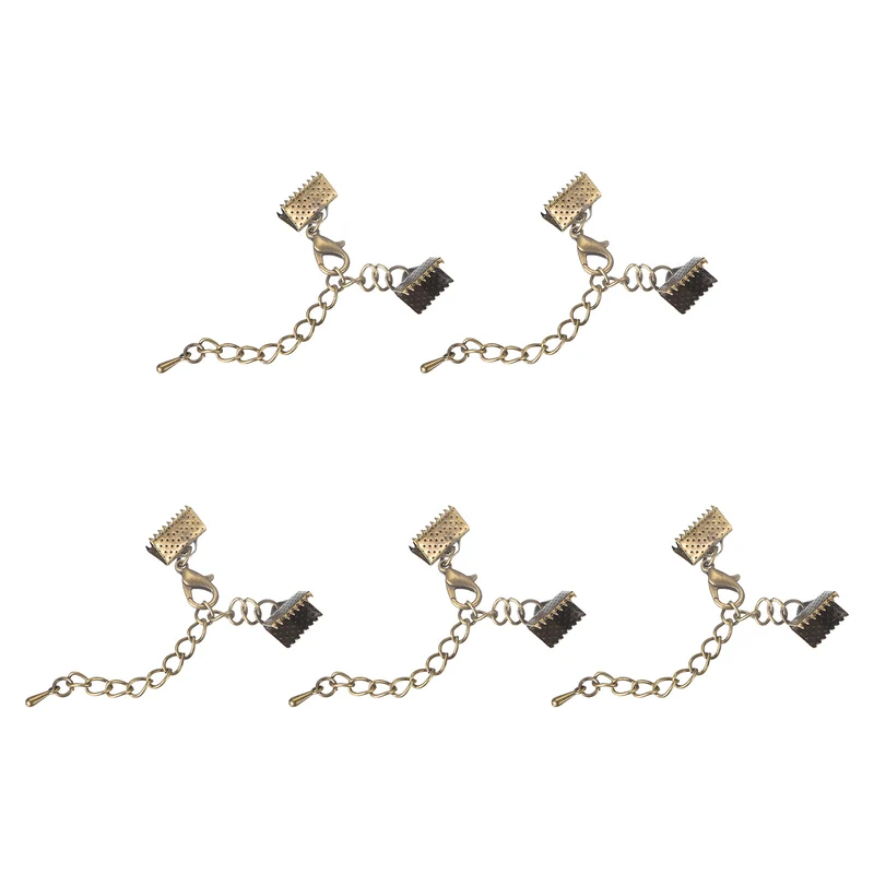 20Sets Ribbon Crimp Clamp Ends with Lobster Claw Clasps & Extension Chain, 10mm Cord End Clasps for DIY Craft Making, Bronze Tone