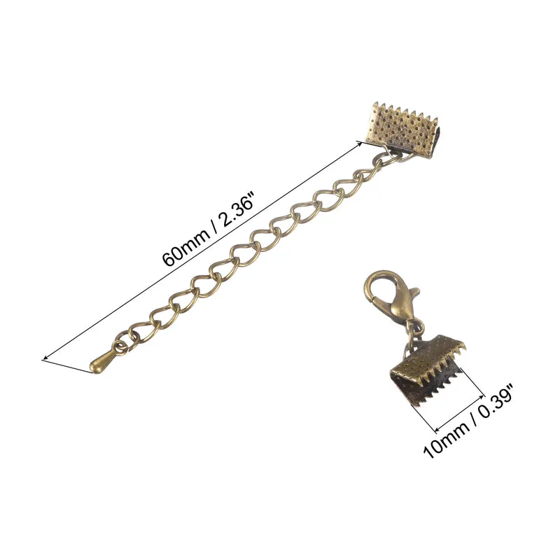20Sets Ribbon Crimp Clamp Ends with Lobster Claw Clasps & Extension Chain, 10mm Cord End Clasps for DIY Craft Making, Bronze Tone