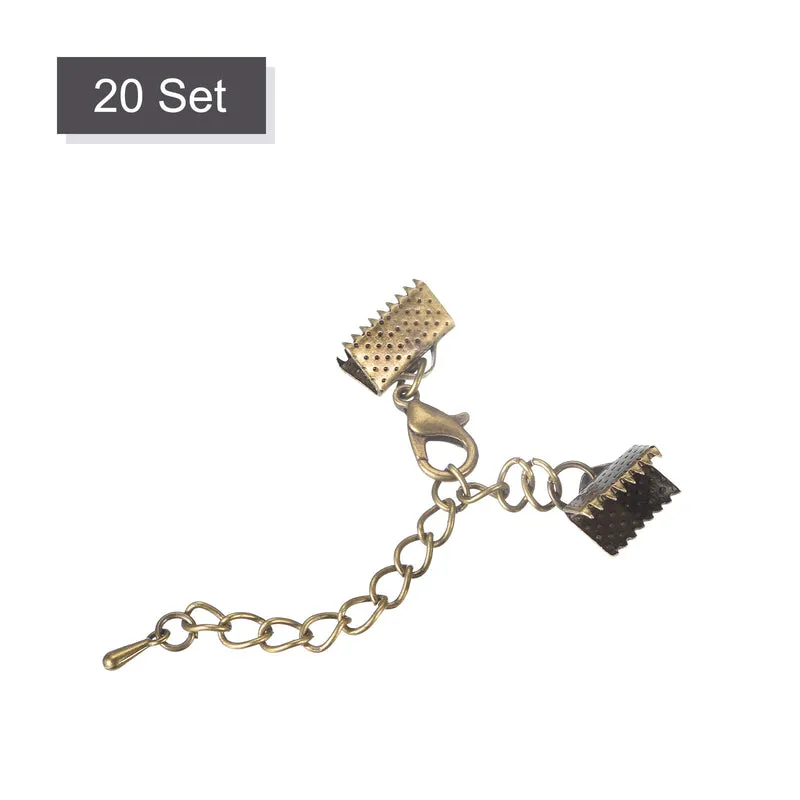 20Sets Ribbon Crimp Clamp Ends with Lobster Claw Clasps & Extension Chain, 10mm Cord End Clasps for DIY Craft Making, Bronze Tone