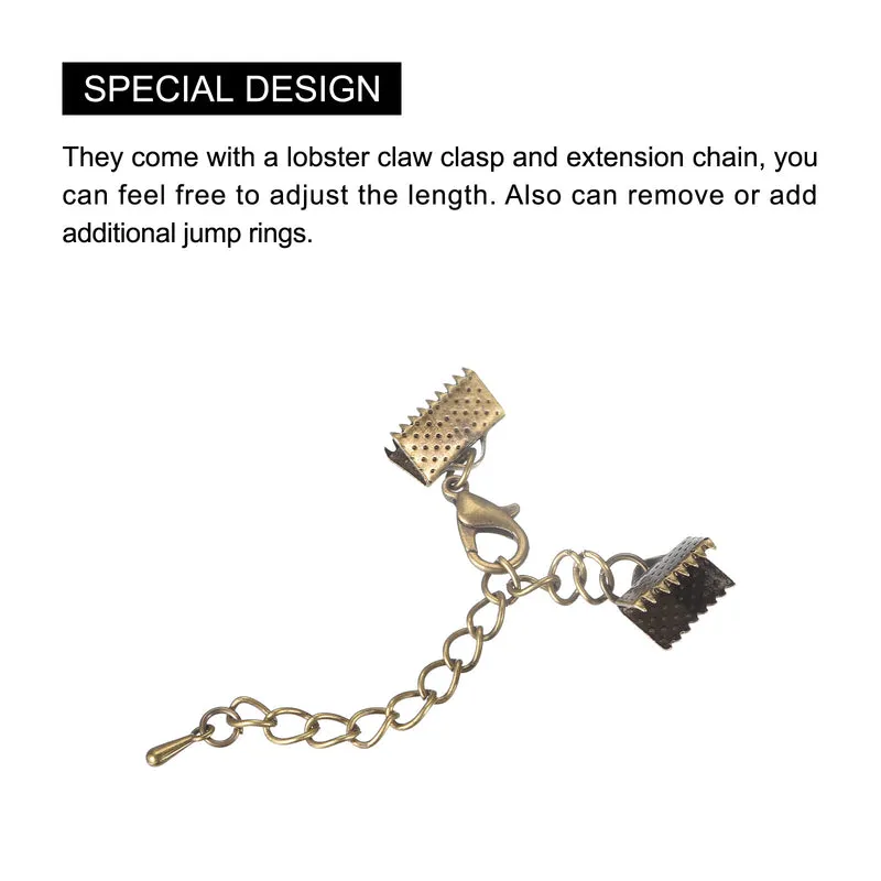 20Sets Ribbon Crimp Clamp Ends with Lobster Claw Clasps & Extension Chain, 10mm Cord End Clasps for DIY Craft Making, Bronze Tone