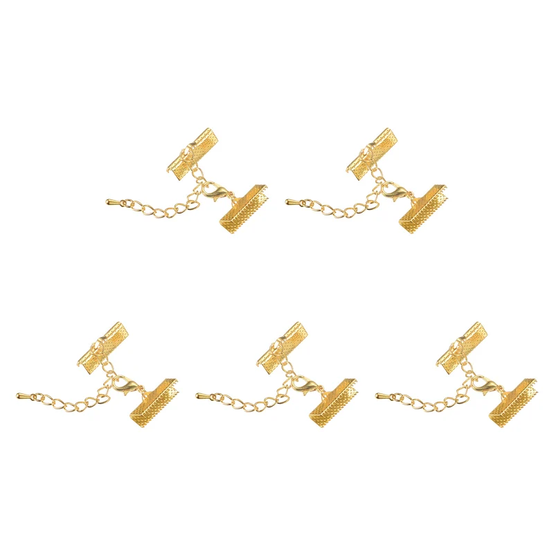 20Sets Ribbon Crimp Clamp Ends with Lobster Claw Clasps & Extension Chain, 20mm Cord End Clasps for DIY Craft Making, Gold Tone