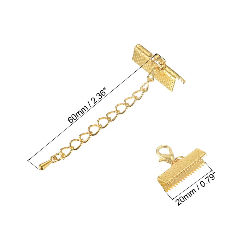 20Sets Ribbon Crimp Clamp Ends with Lobster Claw Clasps & Extension Chain, 20mm Cord End Clasps for DIY Craft Making, Gold Tone