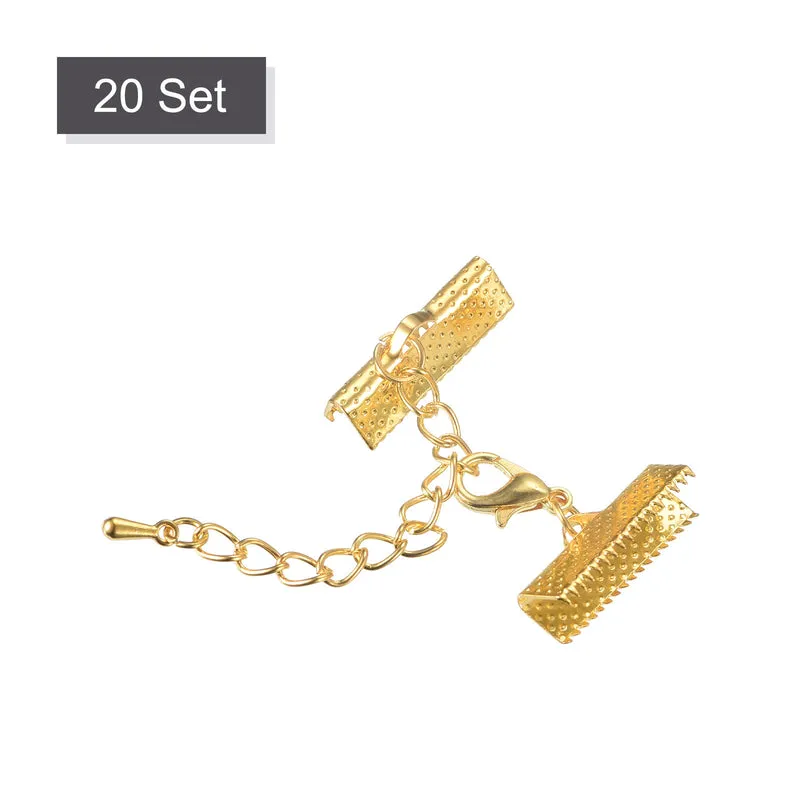 20Sets Ribbon Crimp Clamp Ends with Lobster Claw Clasps & Extension Chain, 20mm Cord End Clasps for DIY Craft Making, Gold Tone