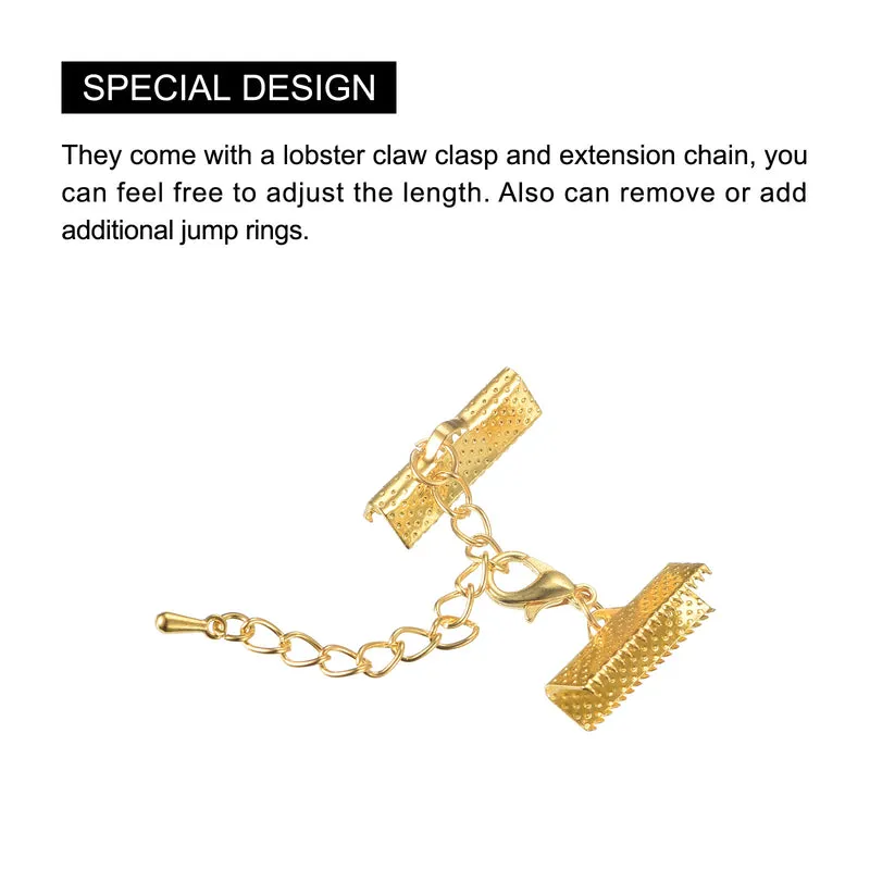 20Sets Ribbon Crimp Clamp Ends with Lobster Claw Clasps & Extension Chain, 20mm Cord End Clasps for DIY Craft Making, Gold Tone