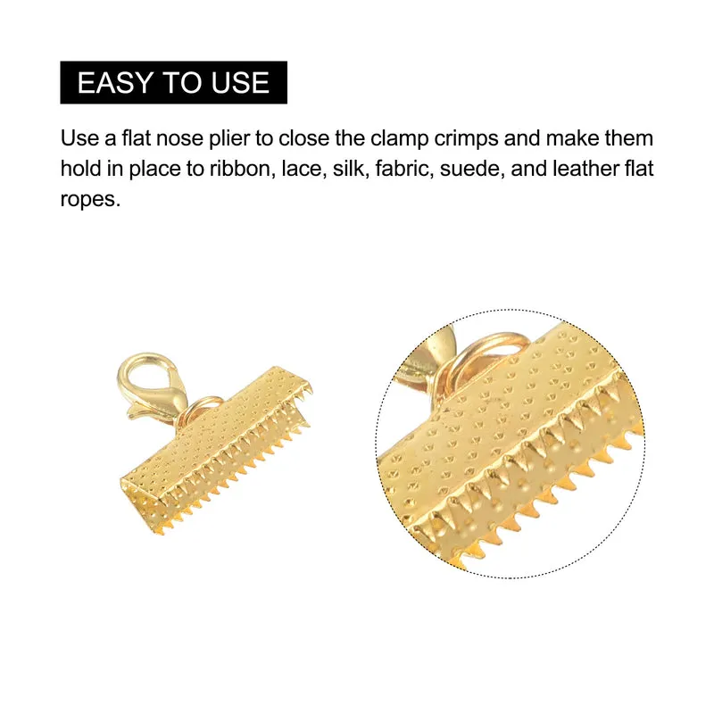 20Sets Ribbon Crimp Clamp Ends with Lobster Claw Clasps & Extension Chain, 20mm Cord End Clasps for DIY Craft Making, Gold Tone