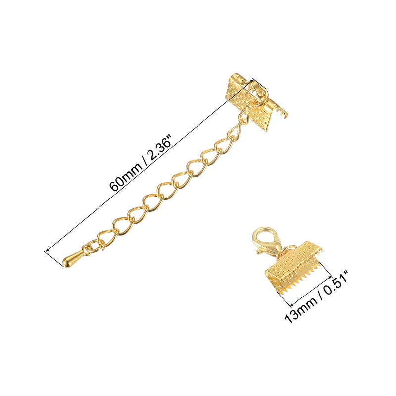 20Sets Ribbon Crimp Clamp Ends with Lobster Claw Clasps & Extension Chain, 13mm Cord End Clasps for DIY Craft Making, Gold Tone