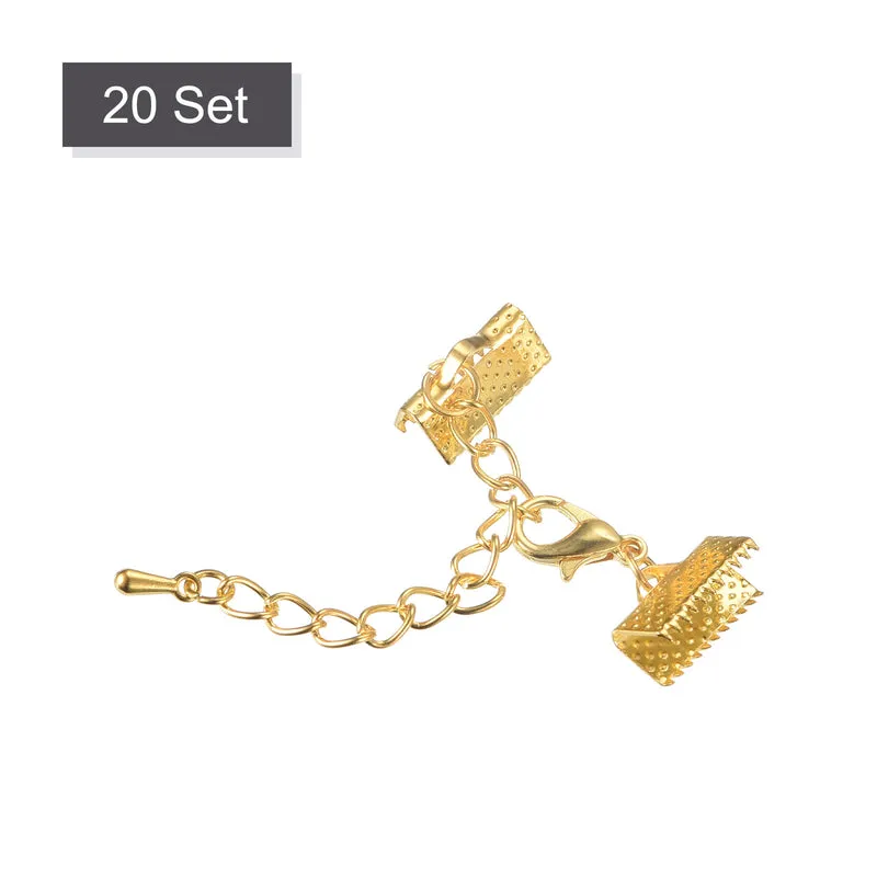 20Sets Ribbon Crimp Clamp Ends with Lobster Claw Clasps & Extension Chain, 13mm Cord End Clasps for DIY Craft Making, Gold Tone