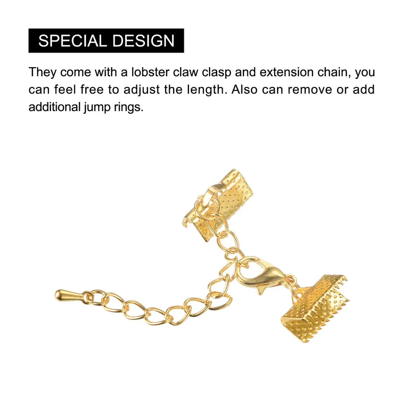 20Sets Ribbon Crimp Clamp Ends with Lobster Claw Clasps & Extension Chain, 13mm Cord End Clasps for DIY Craft Making, Gold Tone