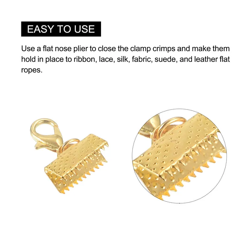 20Sets Ribbon Crimp Clamp Ends with Lobster Claw Clasps & Extension Chain, 13mm Cord End Clasps for DIY Craft Making, Gold Tone
