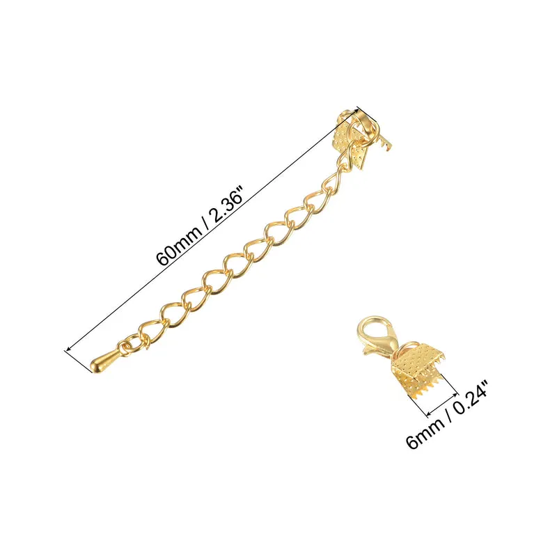 20Sets Ribbon Crimp Clamp Ends with Lobster Claw Clasps & Extension Chain, 6mm Cord End Clasps for DIY Craft Making, Gold Tone