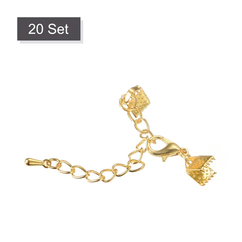 20Sets Ribbon Crimp Clamp Ends with Lobster Claw Clasps & Extension Chain, 6mm Cord End Clasps for DIY Craft Making, Gold Tone