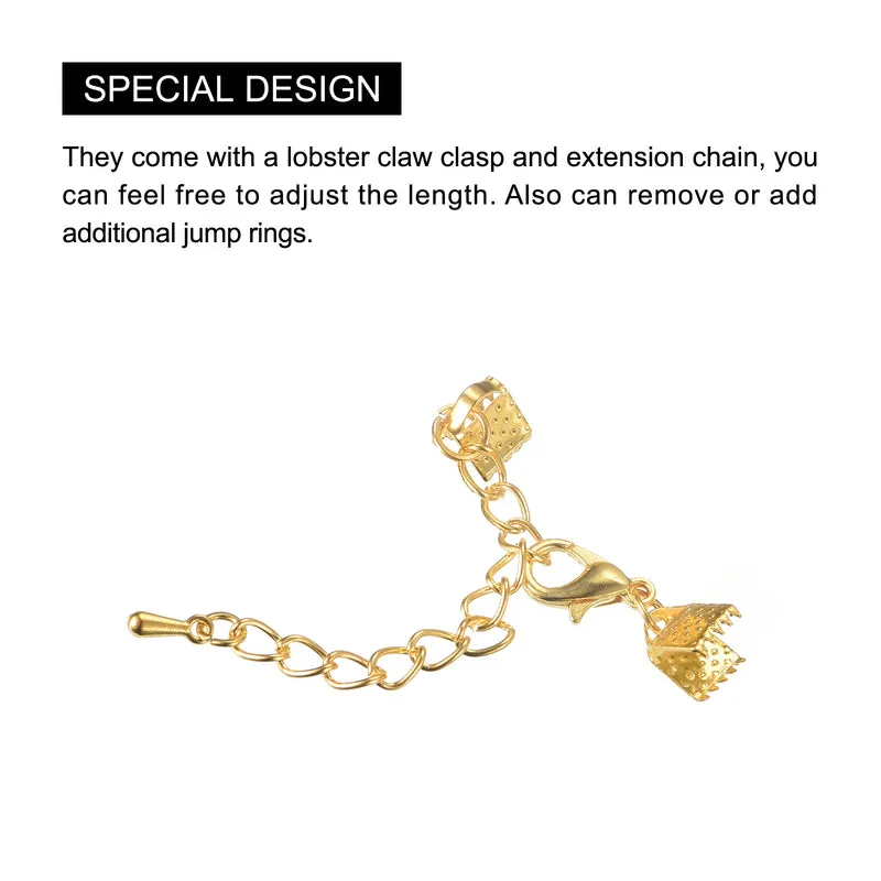20Sets Ribbon Crimp Clamp Ends with Lobster Claw Clasps & Extension Chain, 6mm Cord End Clasps for DIY Craft Making, Gold Tone